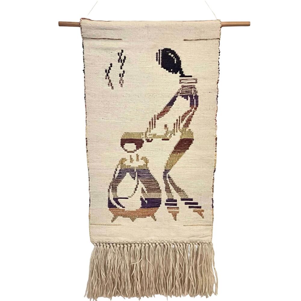 Vintage African Woven Tapestry Woman Cooking Fringe Wool Wall Hanging 39 In